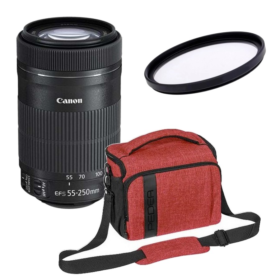 Canon EF-S 55-250mm f 4-5.6 IS STM + FILTR UV 58mm +  Torba Pedea XL czerwona