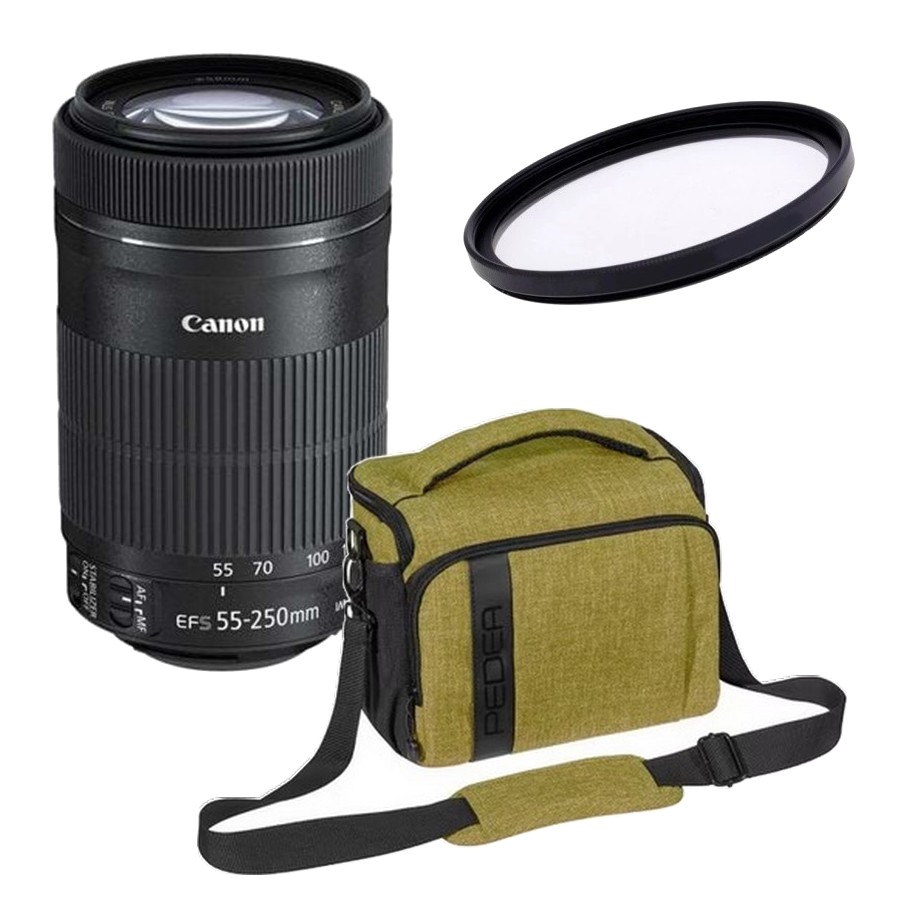 Canon EF-S 55-250mm f 4-5.6 IS STM  + FILTR UV 58mm  + Torba Pedea XL zielona