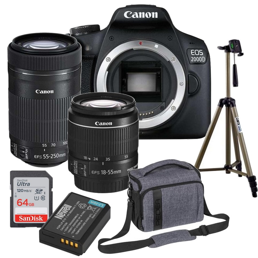 Zestaw Canon 2000D + 18-55 IS II + 55-250 IS STM + KARTA 64GB + TORBA PEDEA XL + AKUMULATOR LP-E10 + STATYW